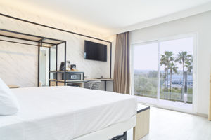 Woonvoorbeeld iconic kamer met zwembadzicht