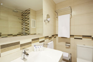 Woonvoorbeeld familie premiumkamer met zwembadzicht